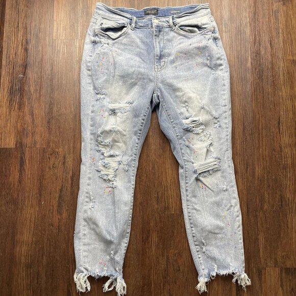Judy Blue Boyfriend Fit Jeans Womens 16W Light Blue Distressed "Painted" - Picture 1 of 10